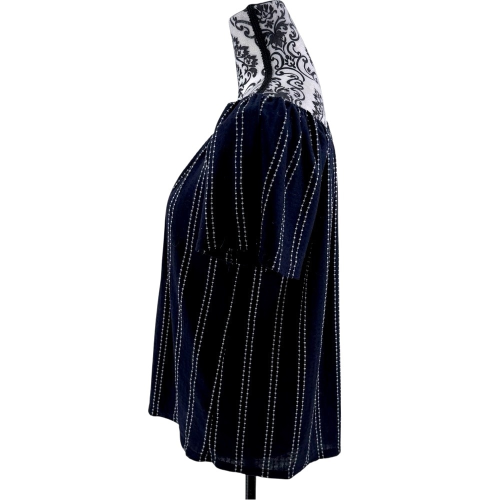 W5 Navy Blue & White Off-Shoulder Babydoll Peasant Boho Festival Blouse, L - Picture 7 of 12